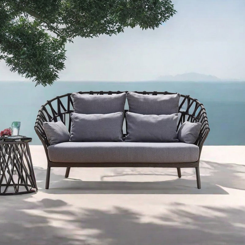 Outdoor Waterproof Hemp Rope Leisure Sofa 62.99'' Wide Rectangle Metal Loveseat with Cushions, Gray/Black