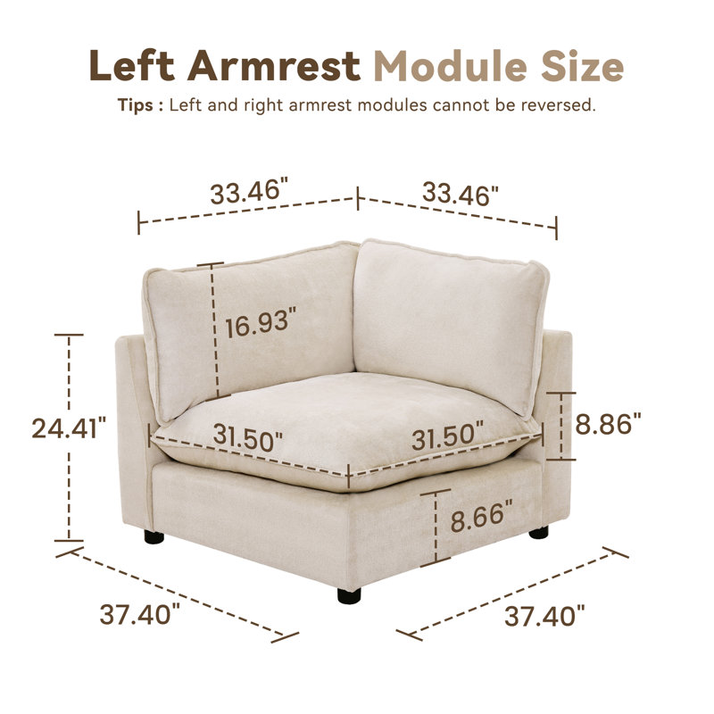 37.4" Heffernan Accent Chair Modular Sectional Sofa, Beige Chenille