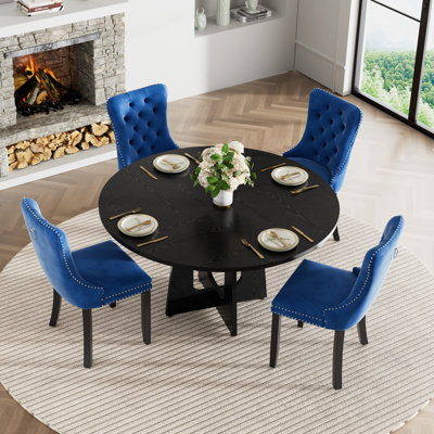 47" Round Wooden Dining Table Set for 4-6, Modern Velvet Upholstered Chairs with Rivet Details, Kitchen & Dining Room Furniture Set, Splicing Tabletop, Safe Corner
