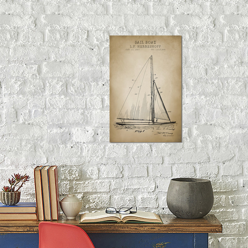 «Nautical, Sailboat», impression sur toile, H 18 po x l 12 po x P 1,5 po, Pas de tapis, Toile tendue