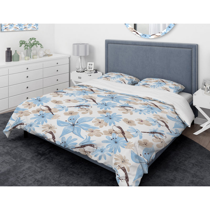 Ensemble de housse de couette Designart, dessin de fleurs avec petit oiseau