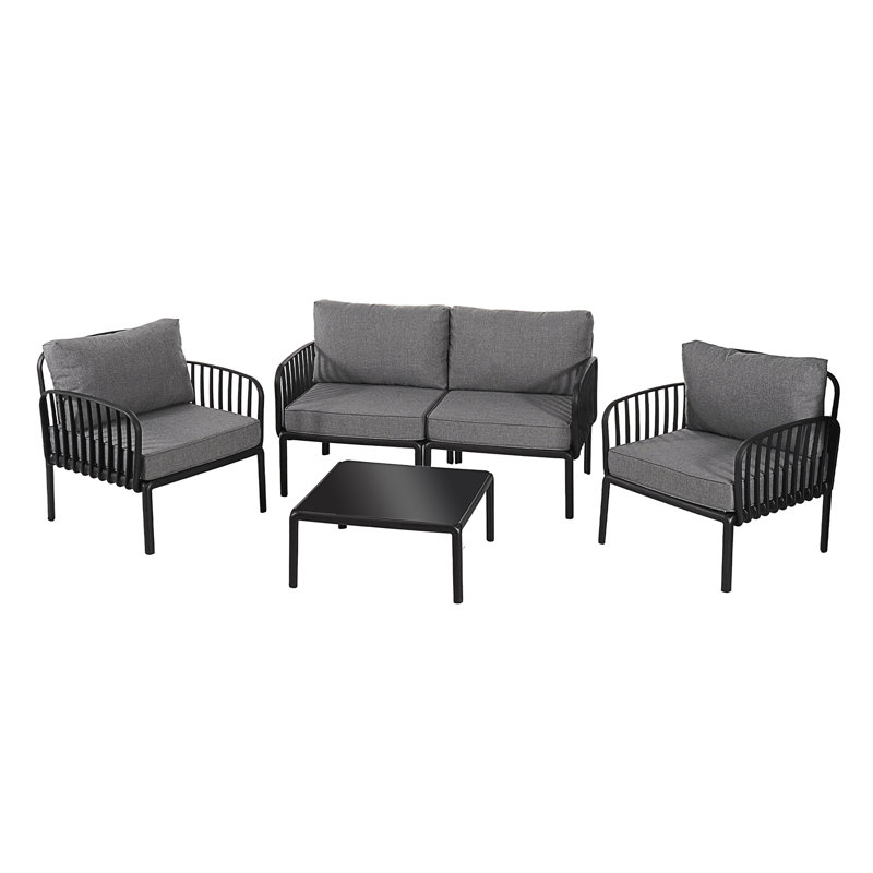 Ensemble de conversation pour patio 5 pièces, 4 pièces: table, causeuse, 2 chaises, Gris foncé, Noir
