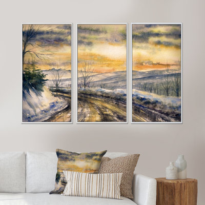 «Snowy Road Through Winter Landscape II», ensemble d'art mural sur toile encadré champêtre