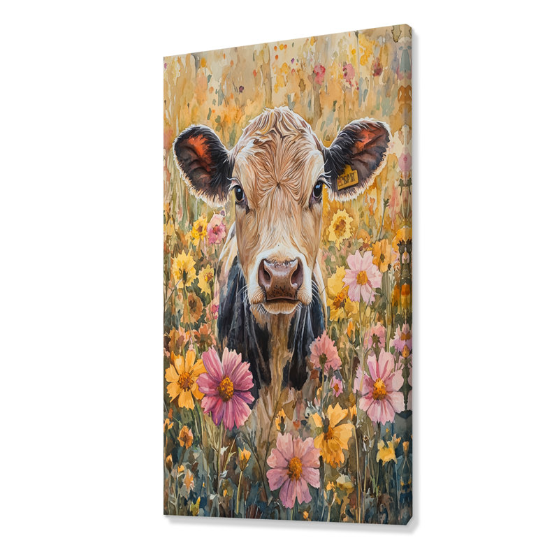 Dovud vache marguerites avec hibiscus III - vache, art mural, H 60 po x l 28 po, Toile tendue, Ne s’applique pas