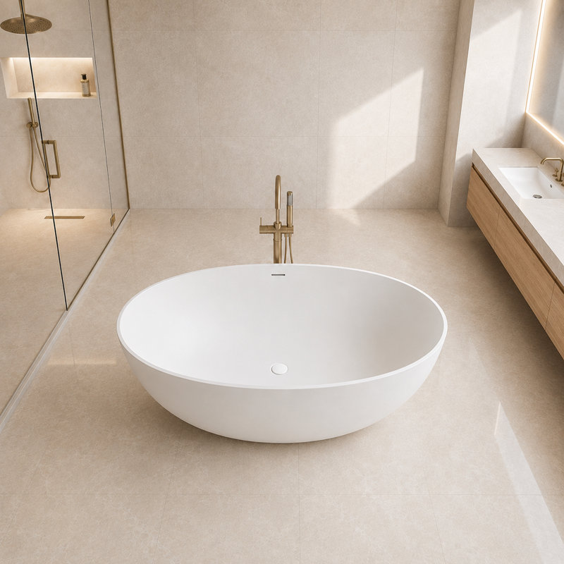67'' Solid Surface Resin Stone Oval Freestanding Soaking Bathtub in Matte White