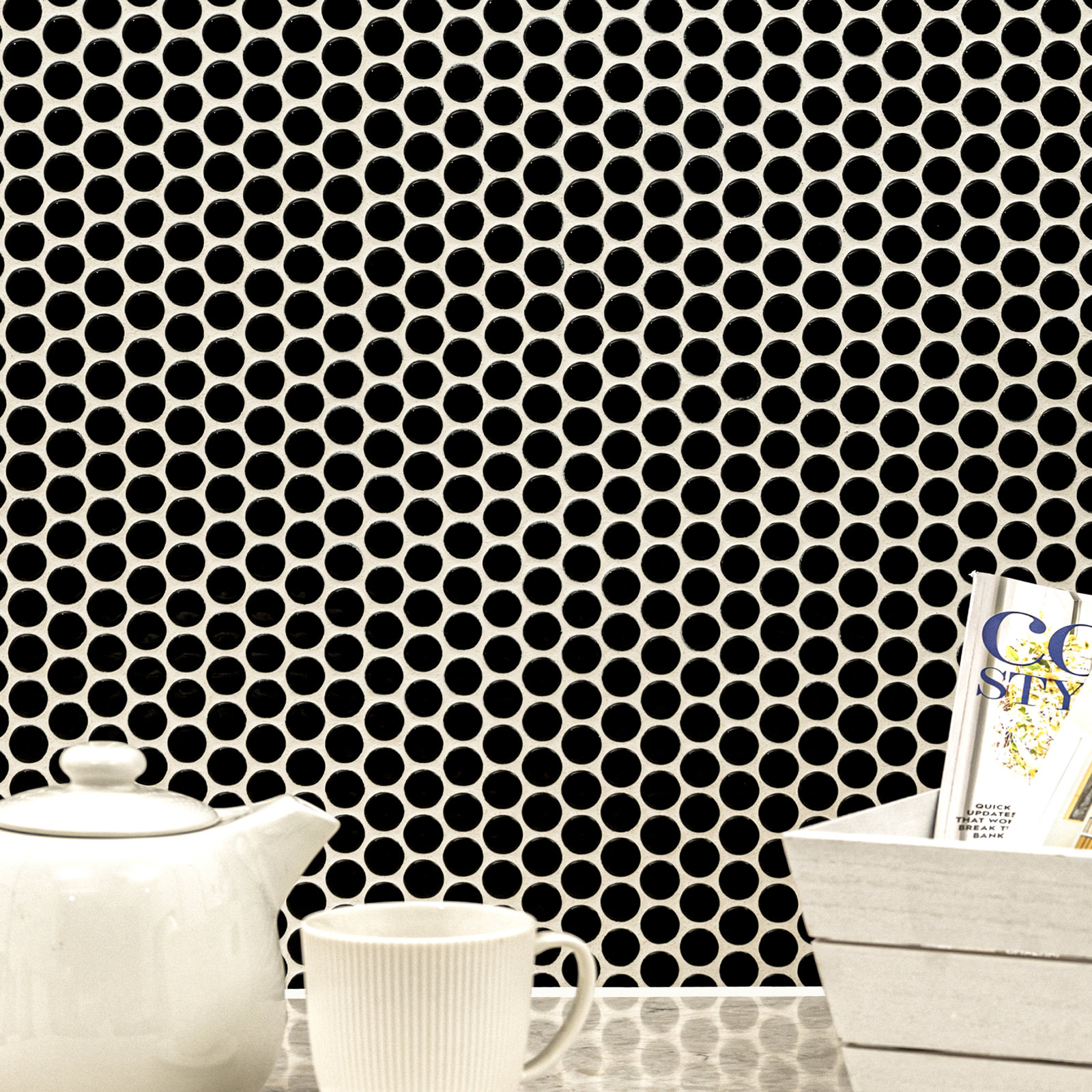 12" x 13" Porcelain Mosaic Tile, Glossy Nivora Caviar