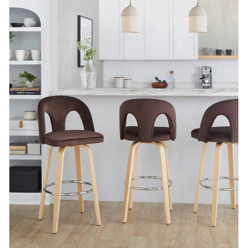 Tabouret de bar à hauteur fixe avec pivot en bois naturel et velours espresso avec repose-pieds rond en métal chromé - ensemble de 2