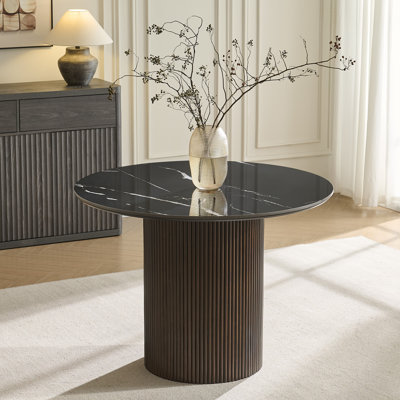 Velora Round Faux Marble Dining Table With Wood Fluted Base