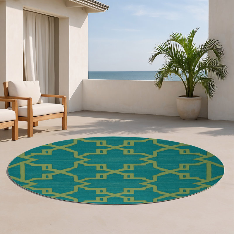 Trellis Green Indoor and Outdoor Area Rug, Round 5'
