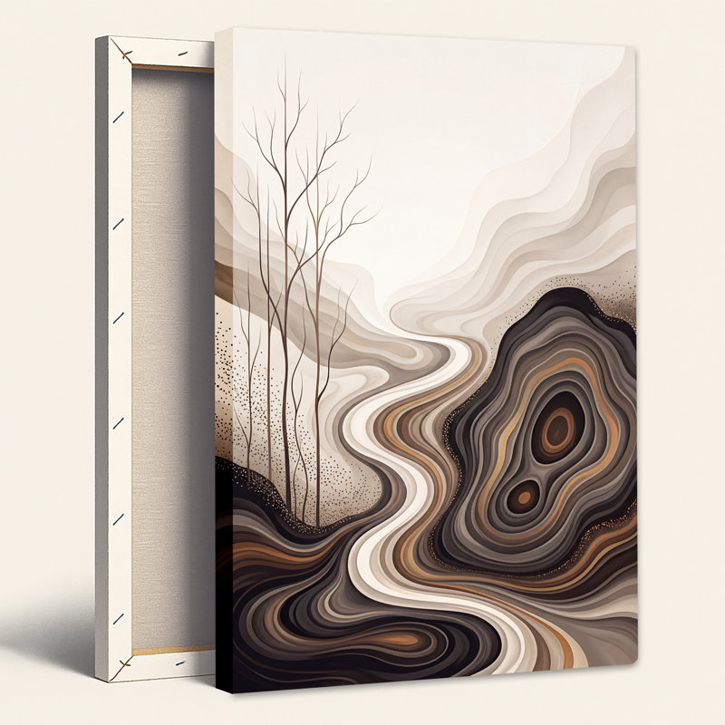 Silhouette, arbres et toiles abstraites tourbillonnant sur terre, H 36 po x l 24 po