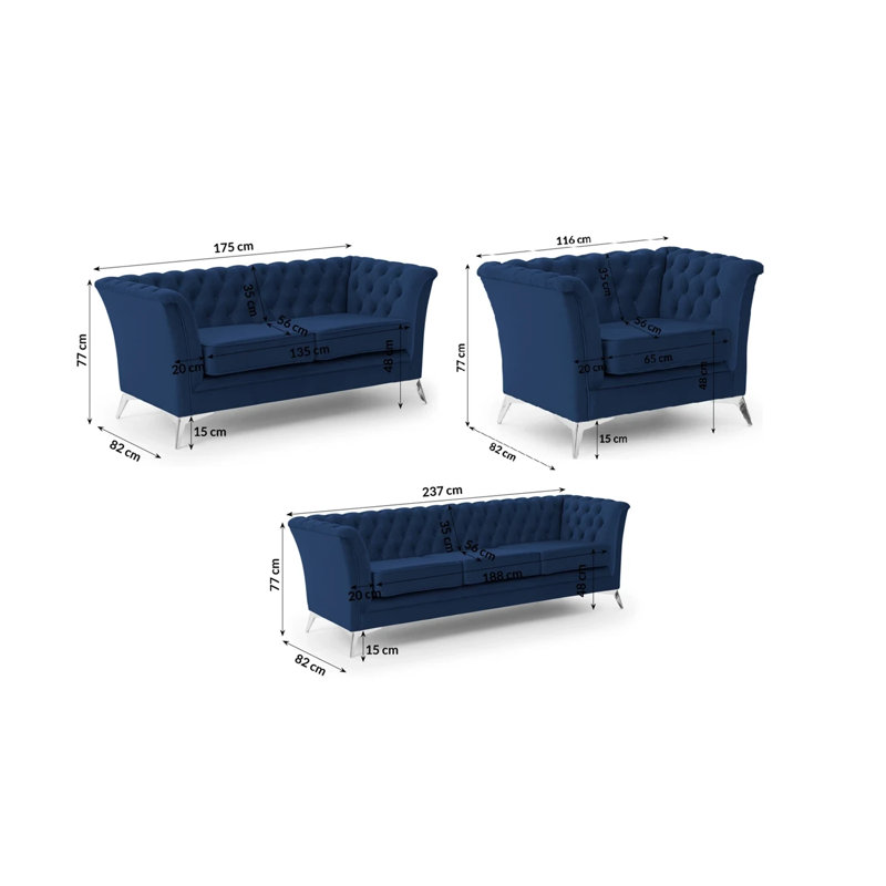 Whitby 3 - Piece Velvet Living Room Set, Navy Blue, Chrome