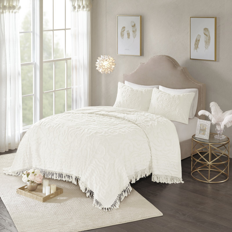 Ensemble de couvre-lit en chenille de coton touffeté à franges et motif médaillon Laetitia, Blanc cassé
