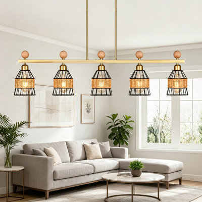 Luminaire suspendu linéaire en or brossé à 5 lumières, lustre d'îlot de cuisine de ferme avec abat-jour en métal et en rotin, plafonnier rustique réglable en hauteur pour la salle à manger et le salon