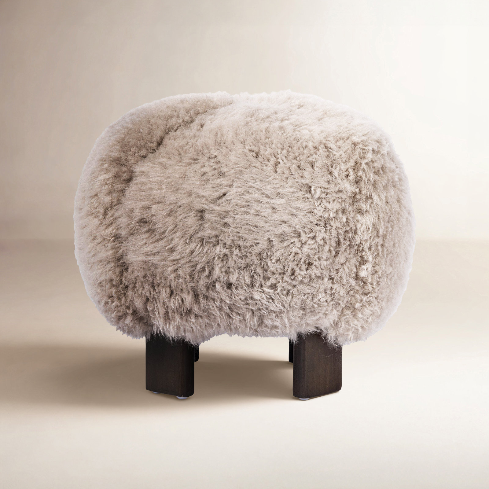 Genna Upholstered Ottoman, Taupe Mongolian Genuine Fur