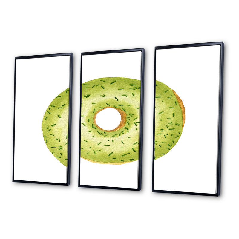 Green Donut with Sprinkles On White - 3 pièces, impression sur toile, Cadre noir, H 28 po x l 36 po