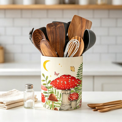 Porte-ustensiles de cuisine en céramique pour ferme Cottagecore | Moule à champignons fantaisiste dessiné à la main pour le repose-cuillère, les outils de cuisson et l'organisation du comptoir, cadeau de pendaison de crémaillère