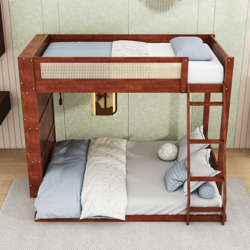 Lit mezzanine simple au dessus d'un lit double en bois avec tablettes intégrées et éclairage DEL, Espresso