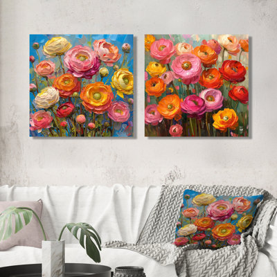 Pink Orange Ranunculus Summer Meadow I - Ranunculus Wall Art - Traditional Wall Art Decor Set 2 Piece