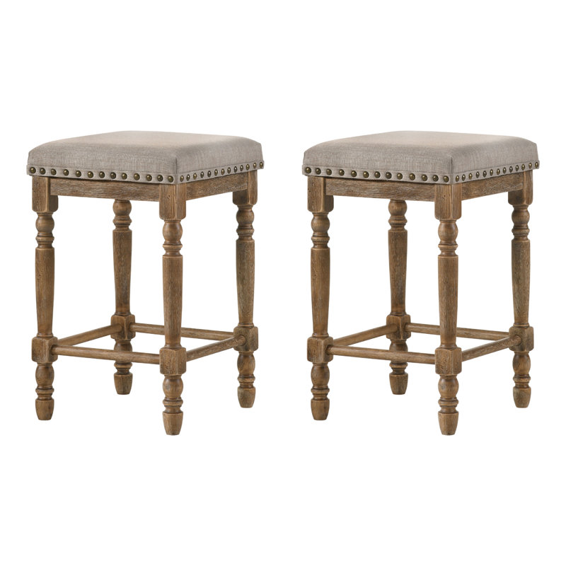 Upholstered Counter Stool with Solid Wood Frame, Beige, Weathered Oak