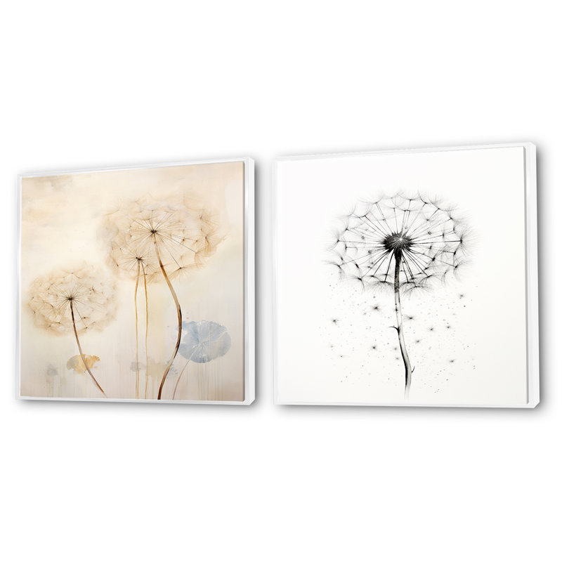 Dandelion Mute Tone - Pissenlit carré, ensemble de 2 collages, Cadre flottant blanc, H 16 po x l 33 po