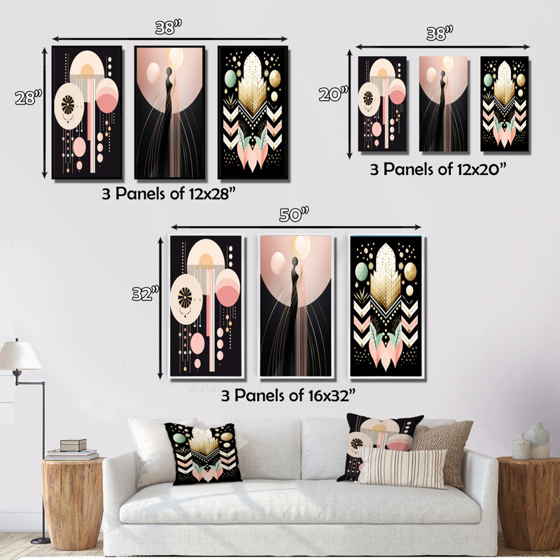 " Boho Chic Abstract Geometric Illustration " 3 - Pieces, Wrapped Canvas, 40" H x 60" W