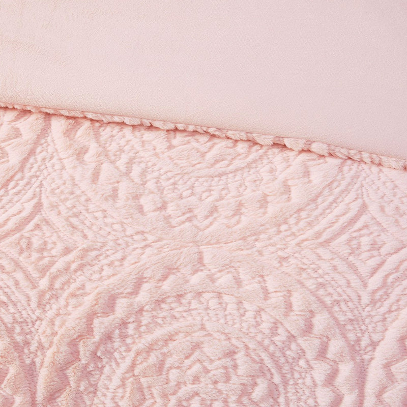 Édredon en fausse fourrure rosée avec motif médaillon brodé très grand / très grand pour l'intérieur