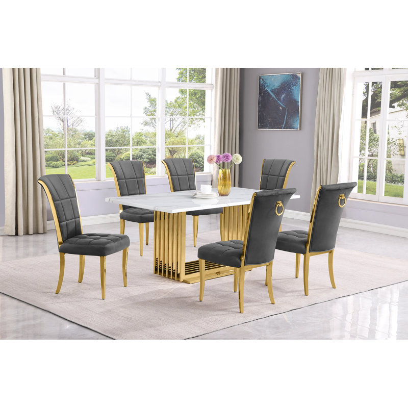 Ensemble de salle à manger rectangulaire L 68 po x l 38 po Kernisha, 7, Gris/doré, Or
