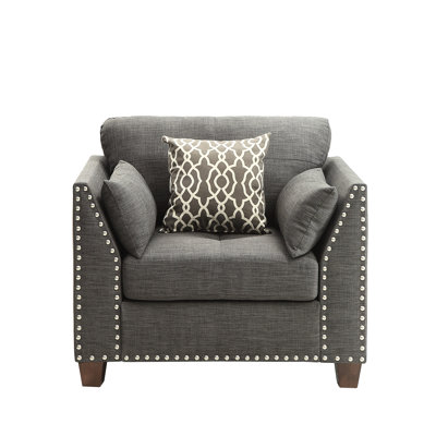 Gray Linen Arm Chair With 3 Pillows - Buttonless Design, Nailhead Trimmed Base, Pocket Coil Seat, Wood Frame Trim, Frame, Flared Armrest, Finish Legs