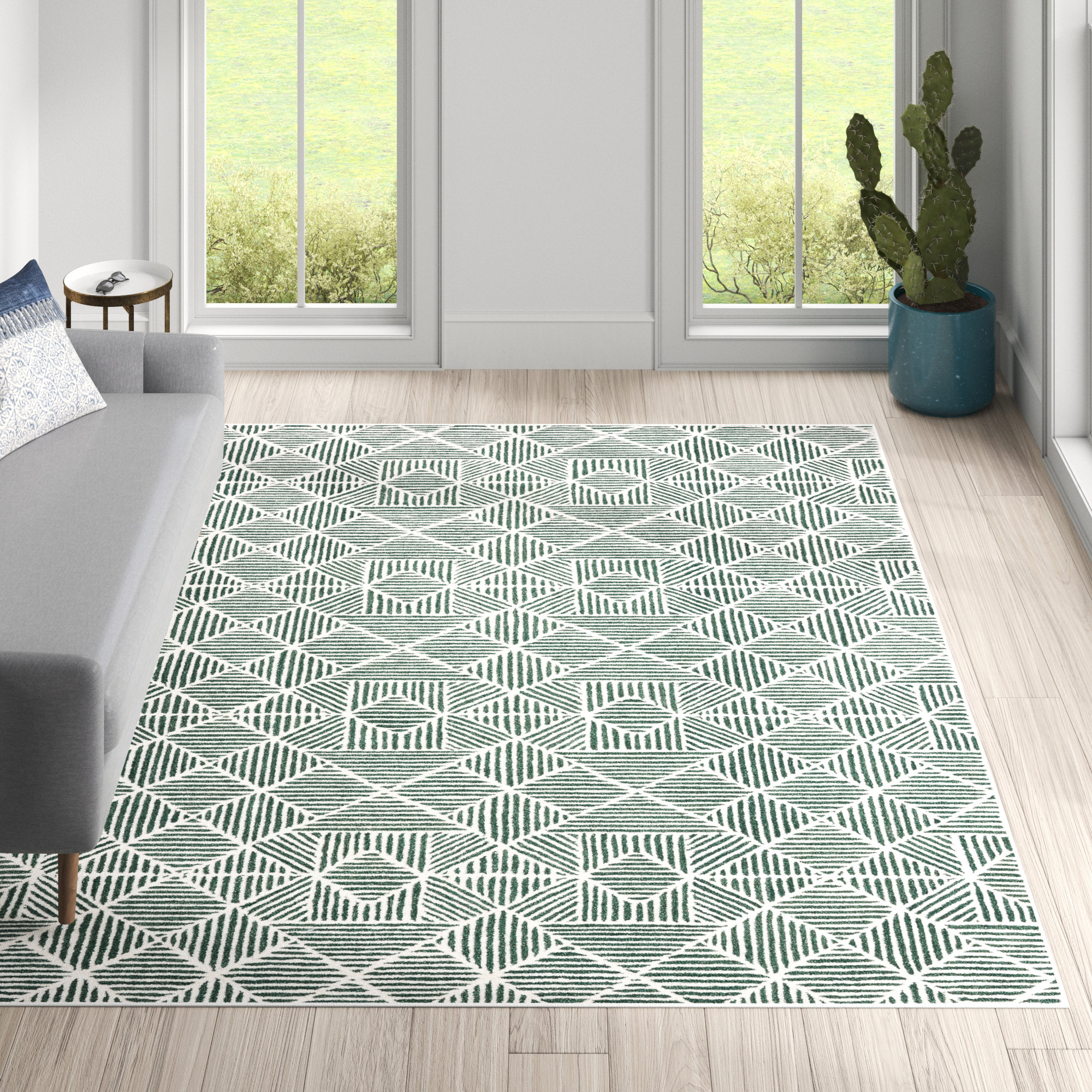 Mistana™ Demetrius Geometric Handmade Tufted Dark Green/Ivory Area Rug ...