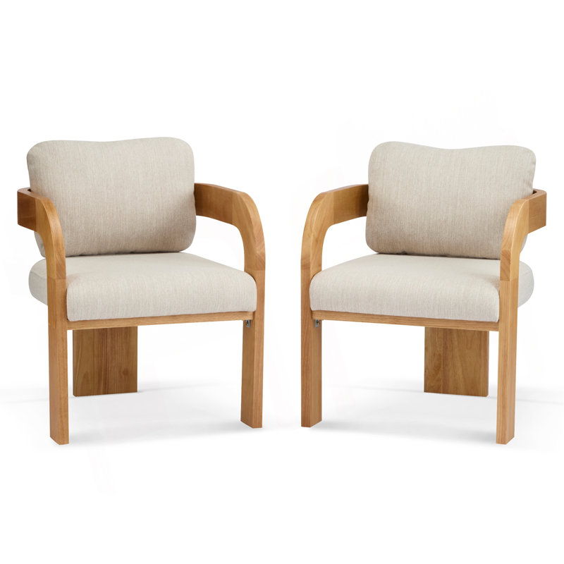 Ensemble de 2 chaises de salle à manger avec dossier coussiné, tissu beige, structure en bois massif, Naturel
