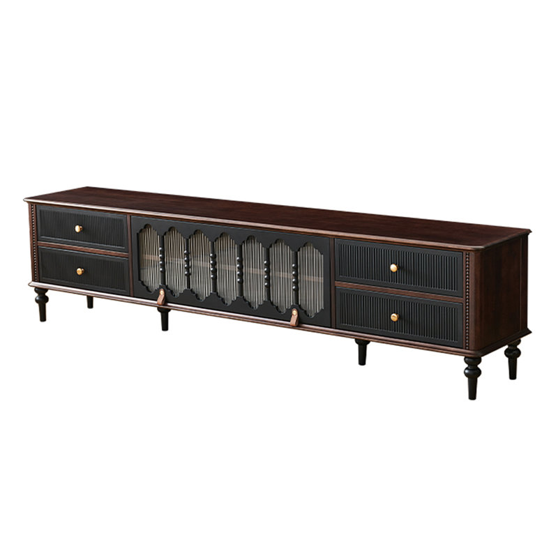 Meuble télé en noyer avec portes d'armoire en verre nervuré, H 21,65 po x L 86,61 po x l 15,75 po, Noir / brun