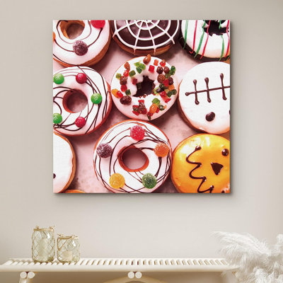 Kitchen Food Colorful Glazed White Donuts Sweet Food - Wrapped Canvas Print