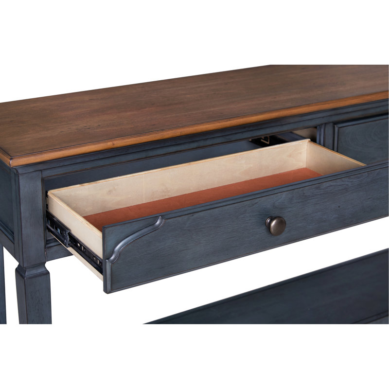 Console de 60 pouces en velours côtelé bleu, sans assemblage. 2 tiroirs, 1 tablette. Fabriqué à partir de caoutchouc massif et de placages de bouleau, bureau de 60 po, tablette à tiroirs, composé de