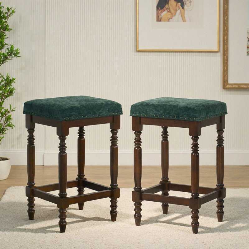 Ensemble de 2 tabourets de comptoir en bois rustique avec siège en velours - tabourets de bar de ferme de 26 pouces, finition grise
