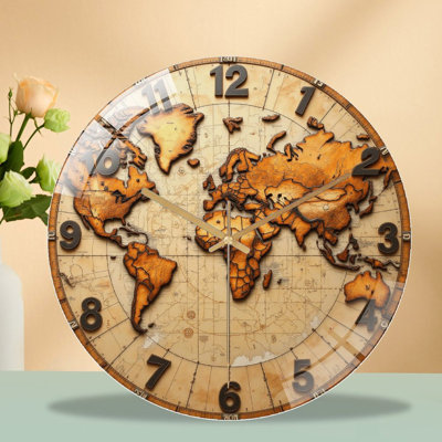 Wall Clock Vintage World Map Wooden Design Art - 12'' Modern Glass Wall Clock