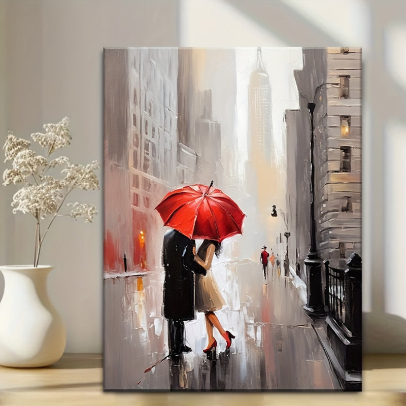 Impression sur toile Elegant City Rain Couple Red Umbrella - Urban Studio, 18 * 12 pouces (45 * 30 * 2cm)