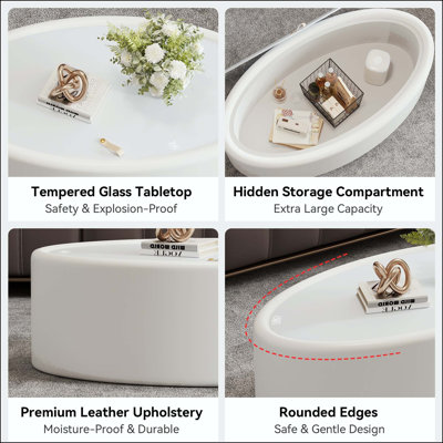 Table basse ovale avec rangement dissimulé, plateau en verre trempé et revêtement en cuir blanc