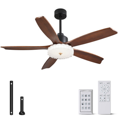 52 '' Indoor Ceiling Fans With Lights, Walnut Color Finish Solid Wood Blades and Remote Control 3CCT Reversible DC Motor Timer Memory