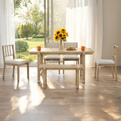 6‑Piece Farmhouse Dining Set, Solid Rubber Wood Frame with Oak Veneer, Dual‑Style Chairs and Bench for Kitchen Dining Room