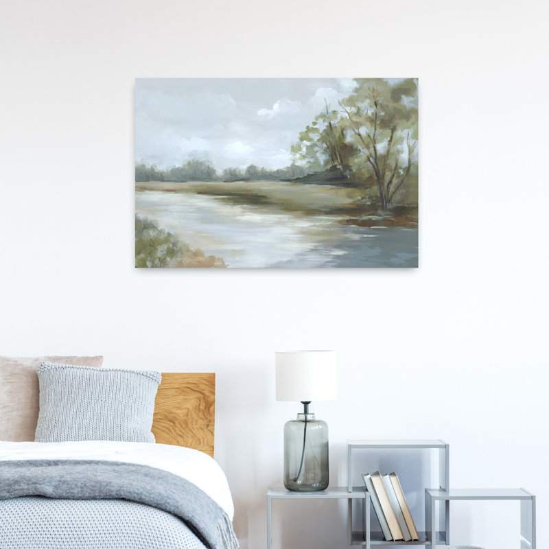 Tranquil Riverbank Reflections Abstract Contemporary Landscape Nature, art mural, H 24 po x l 36 po