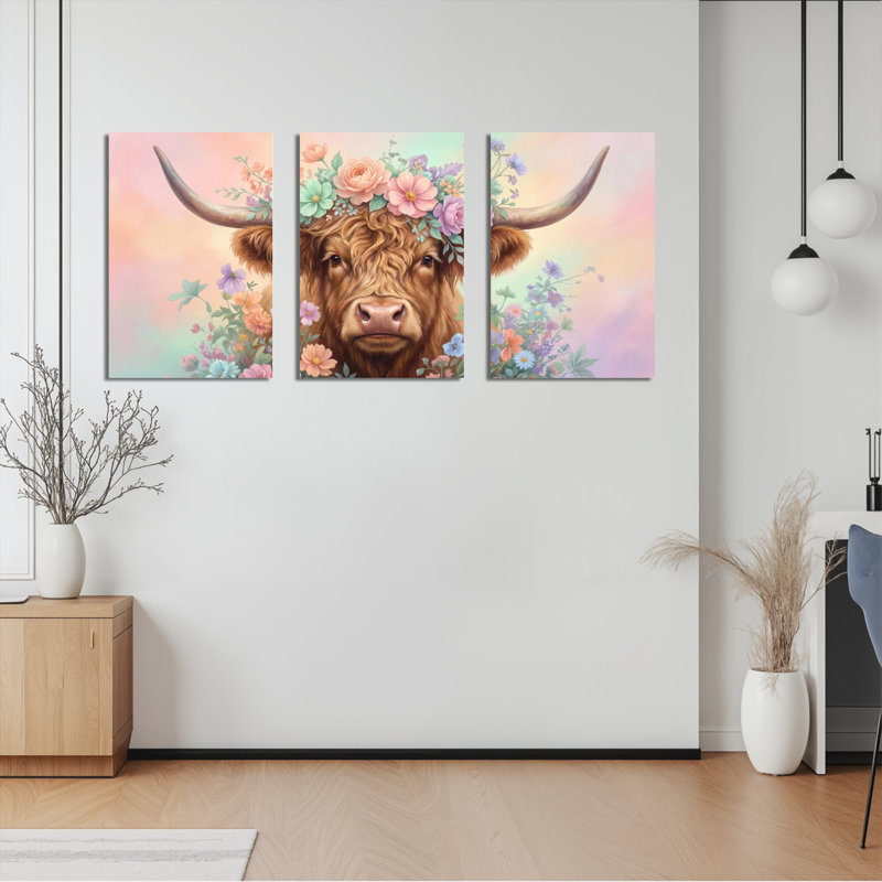 Ensemble de 3 tableaux sur toile représentant un taureau et des fleurs, pour la décoration du salon, de la chambre ou de la maison.