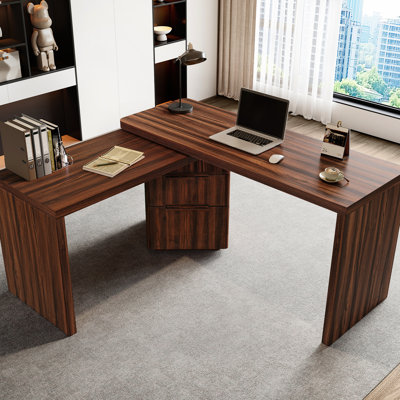 90-inch Walnut L Shaped Desk With 3 Drawers And 360 Wood Rotating Function, Suitable For Living Room Office 90" In Drawers, Setup Home Space Layout