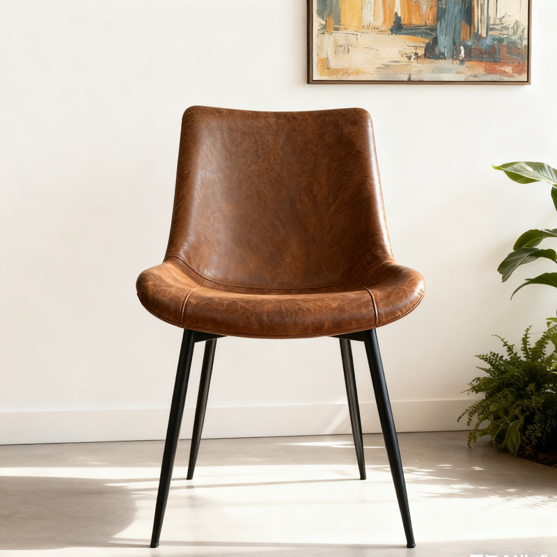 Brown Pu Leather Dining Chairs With Metal Leg, Set Of 4