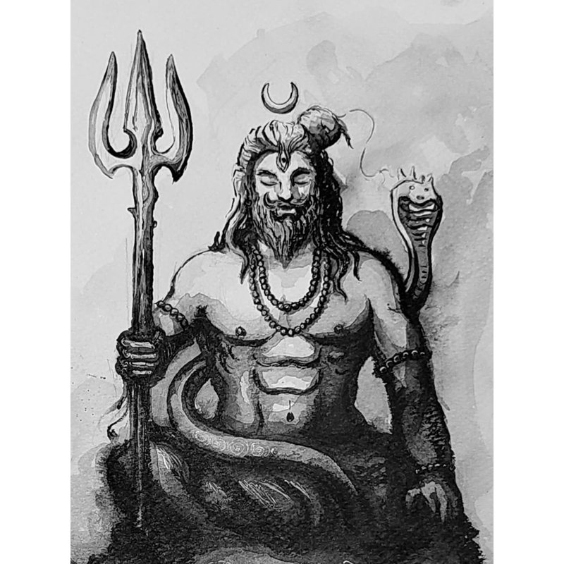 Shiva méditant sur la tête du démon Gajasura | Aquarelle sur papier | Par Prasad P Mahale