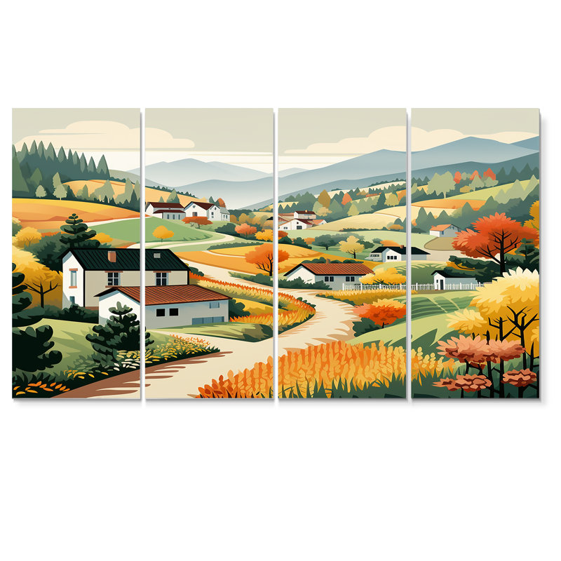 «Autumn in Pittoresque Mountain Town - 4 pièces d'art mural, H 32 po x l 64 po