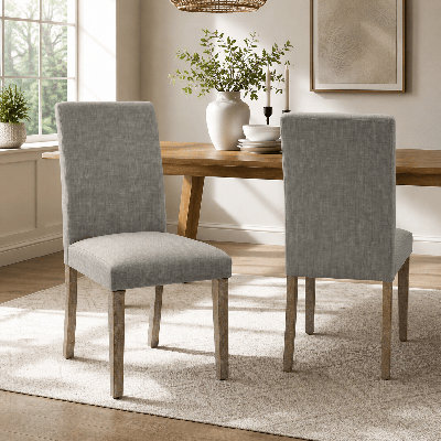 Lot de 2 chaises de salle à manger rembourrées, style chaises d'appoint, pour cuisine ou salon, avec pieds en bois massif et revêtement en tissu mélangé en lin.