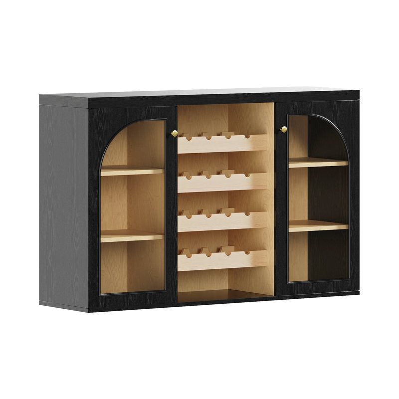 Archline Modern Wine Bar Cabinet - Solid Wood Storage with Glass Doors & Built-In Wine Rack, Medium Wood Tone
