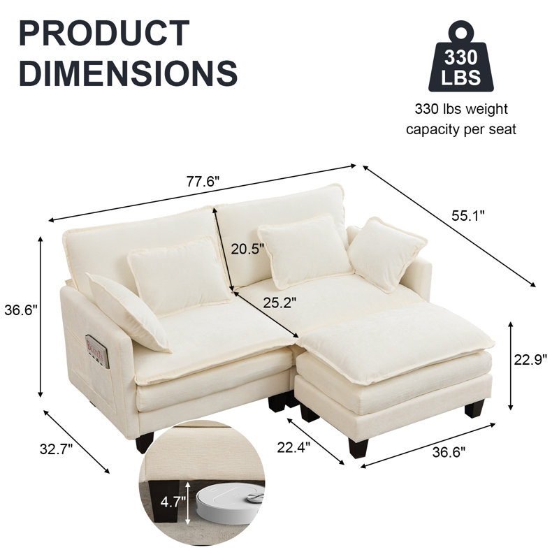 Canapé modulaire en L 3 pièces avec repose-pieds réversible en chenille 3 pièces 77,6 po, Chenille blanche