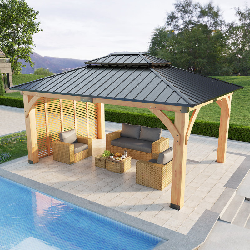 Classic 12x14 Ft Solid Wood Gazebo With Privacy Wall, Gray + Natural Wood