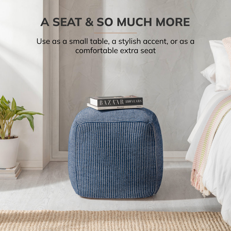 Marta 20" Midnight Blue Upholstered Pouf Ottoman, Blue